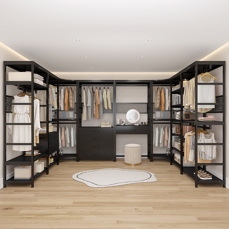 开放式衣帽架家用卧室落地置物架多层金属衣柜实木包安装挂衣架子