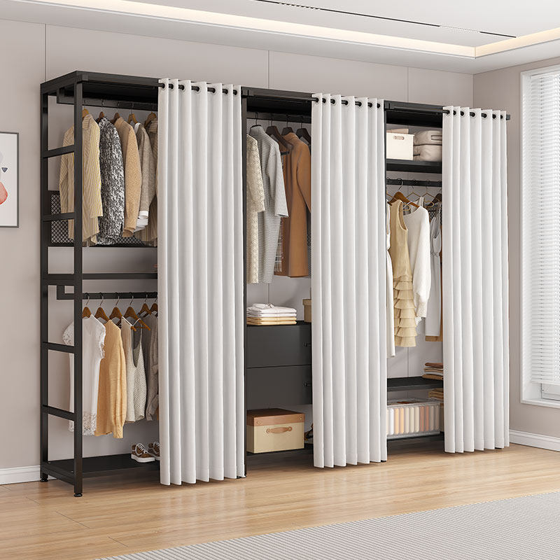 开放式衣帽架家用卧室挂衣架多层落地金属衣柜步入式带帘子置物架