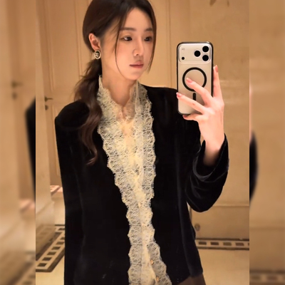 7SEVEN 真丝丝绒~夜宴知晚 蕾丝拼接秋季优雅小衫3007