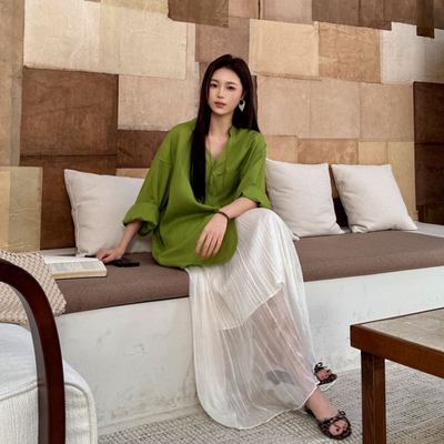 7SEVEN 休闲慵懒风V领长袖衬衫女宽松亚麻口袋衬衣松弛风上衣8292