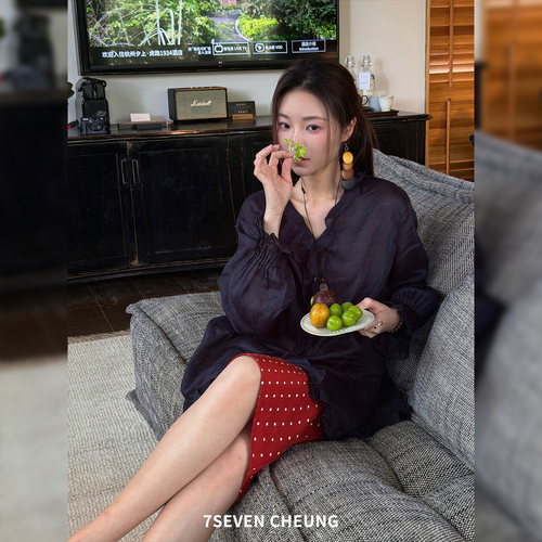 夏季亚麻V领木耳边长袖女衬衫
