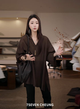 张七七 棕咖色美拉德色系质感天丝醋酸小衫女夏老钱新贵风衬衫