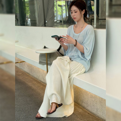 7SEVEN 极简莱赛尔针织衫女夏季薄荷绿五分袖圆领宽松上衣8663