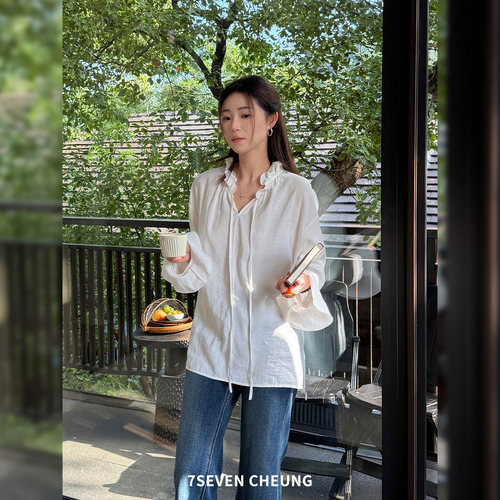 7SEVEN 莫代尔~温柔白 木耳边系带设计法式风舒适早秋款衬衫3283