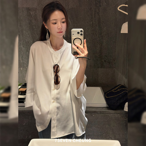 7SEVEN 象牙白~凉感醋酸 舒适圆领七分袖宽松设计感女士衬衫9172