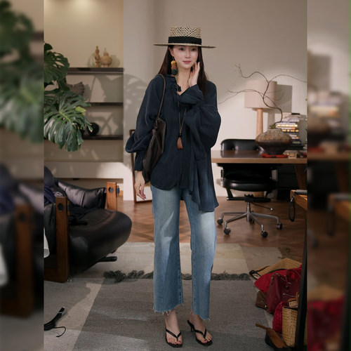 7SEVEN 温柔风木耳边系带衬衫女长袖宽松韩版复古上衣8019