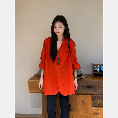 7SEVEN 休闲慵懒风V领长袖衬衫女宽松亚麻口袋衬衣爱马橙上衣5594