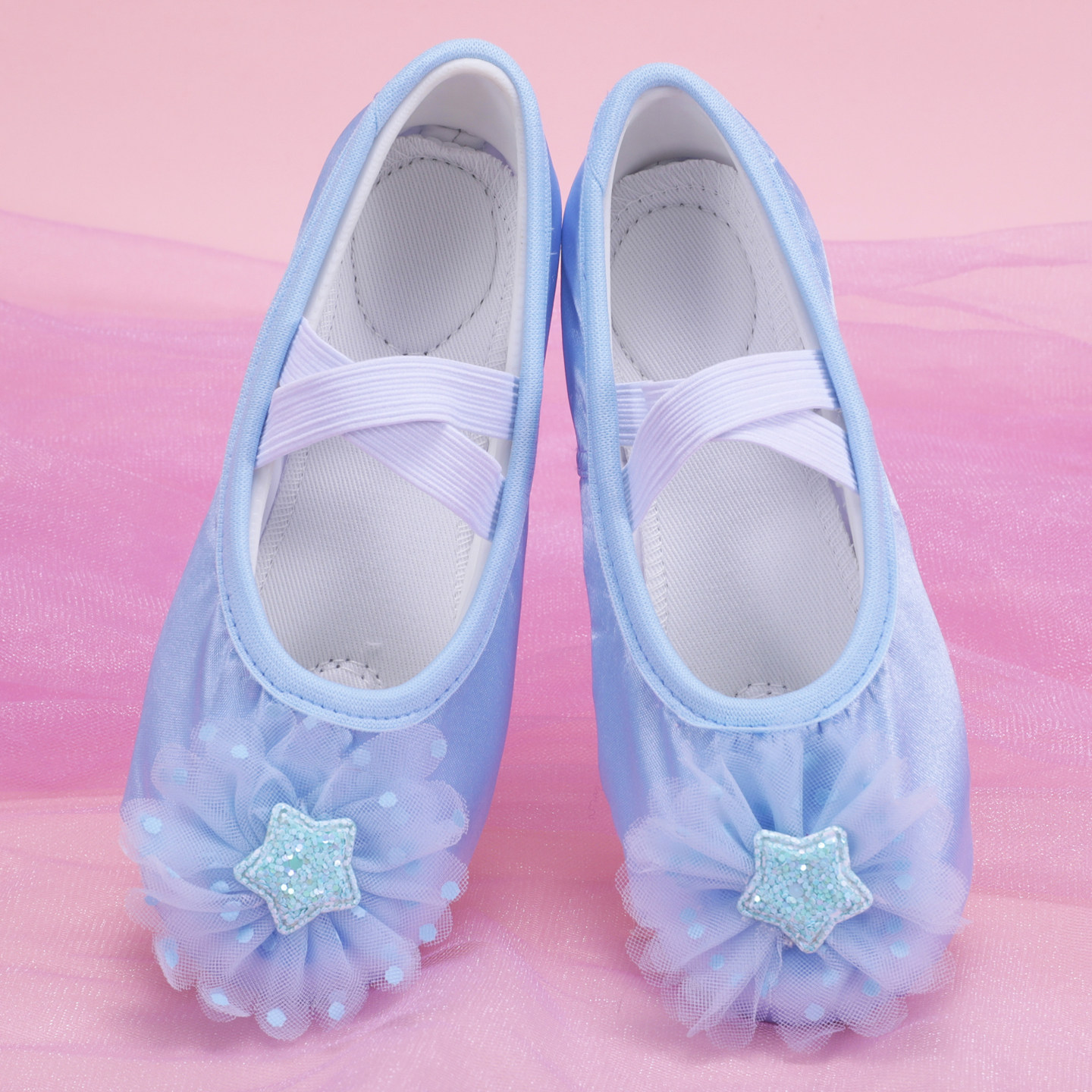 蓝色星星网纱儿童舞蹈鞋缎面跳舞鞋幼儿园宝宝演出猫爪鞋8013