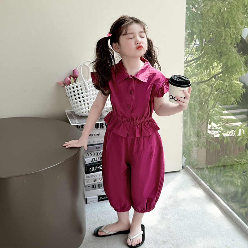 女小童飞袖纯色衬衫套装夏季2025新款女宝宝休闲薄款九分裤两件套