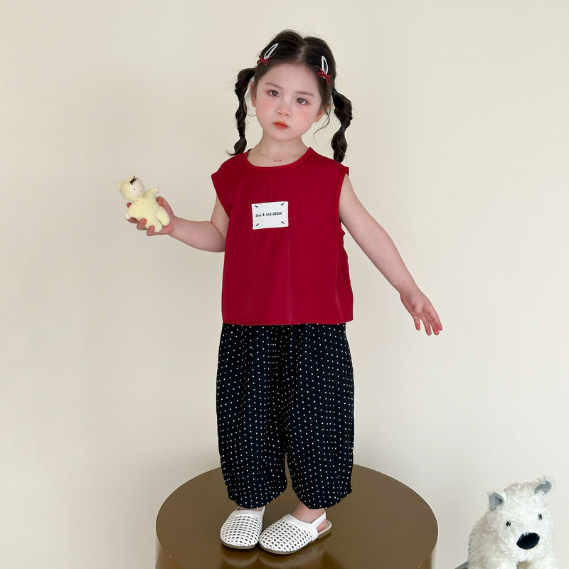 女童无袖夏装套装2025新款儿童洋气女宝宝夏款背心圆点长裤两件套