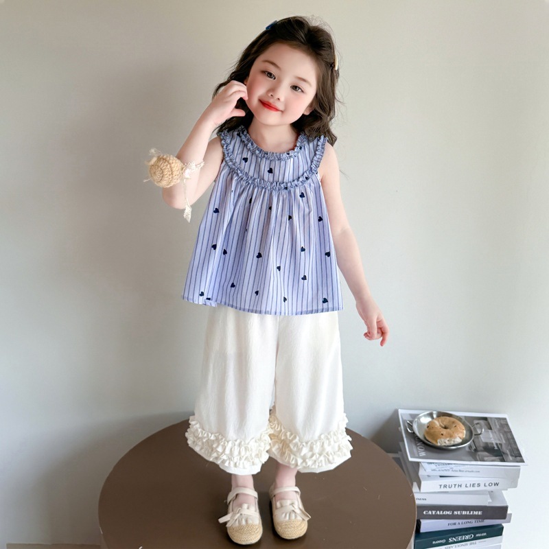 女童夏装超好看条纹套装2025新款女宝宝夏季背心薄款女孩儿童洋气