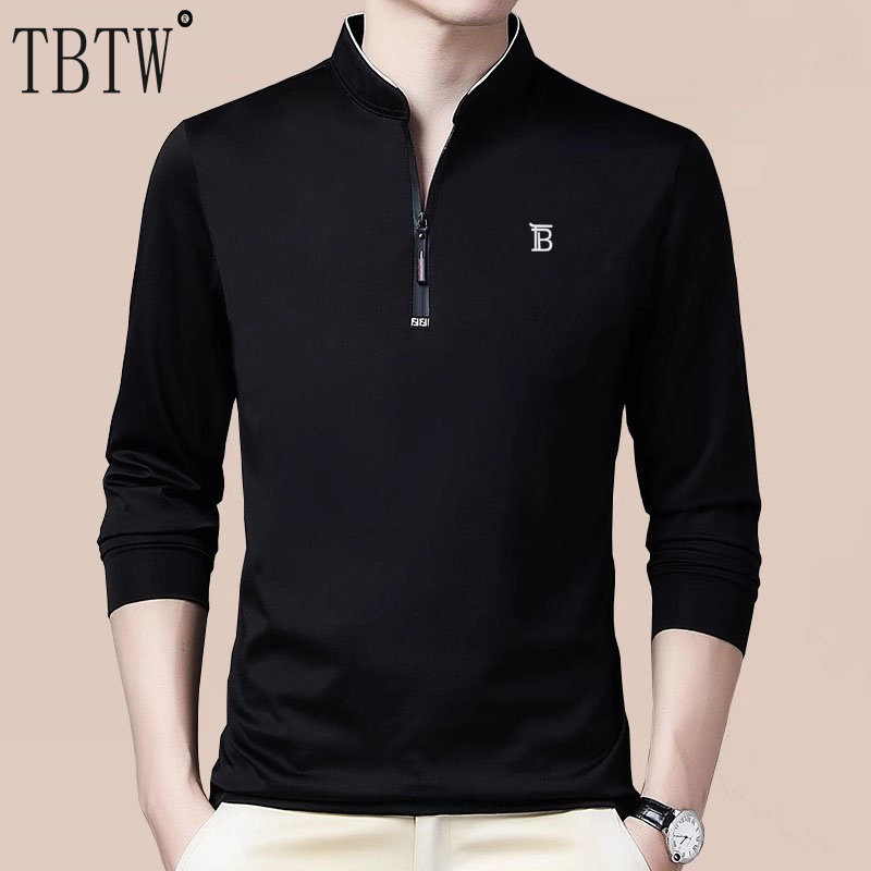 TBTW 男士长袖t恤2025年秋季新款立领半拉链卫衣加绒打底polo衫男