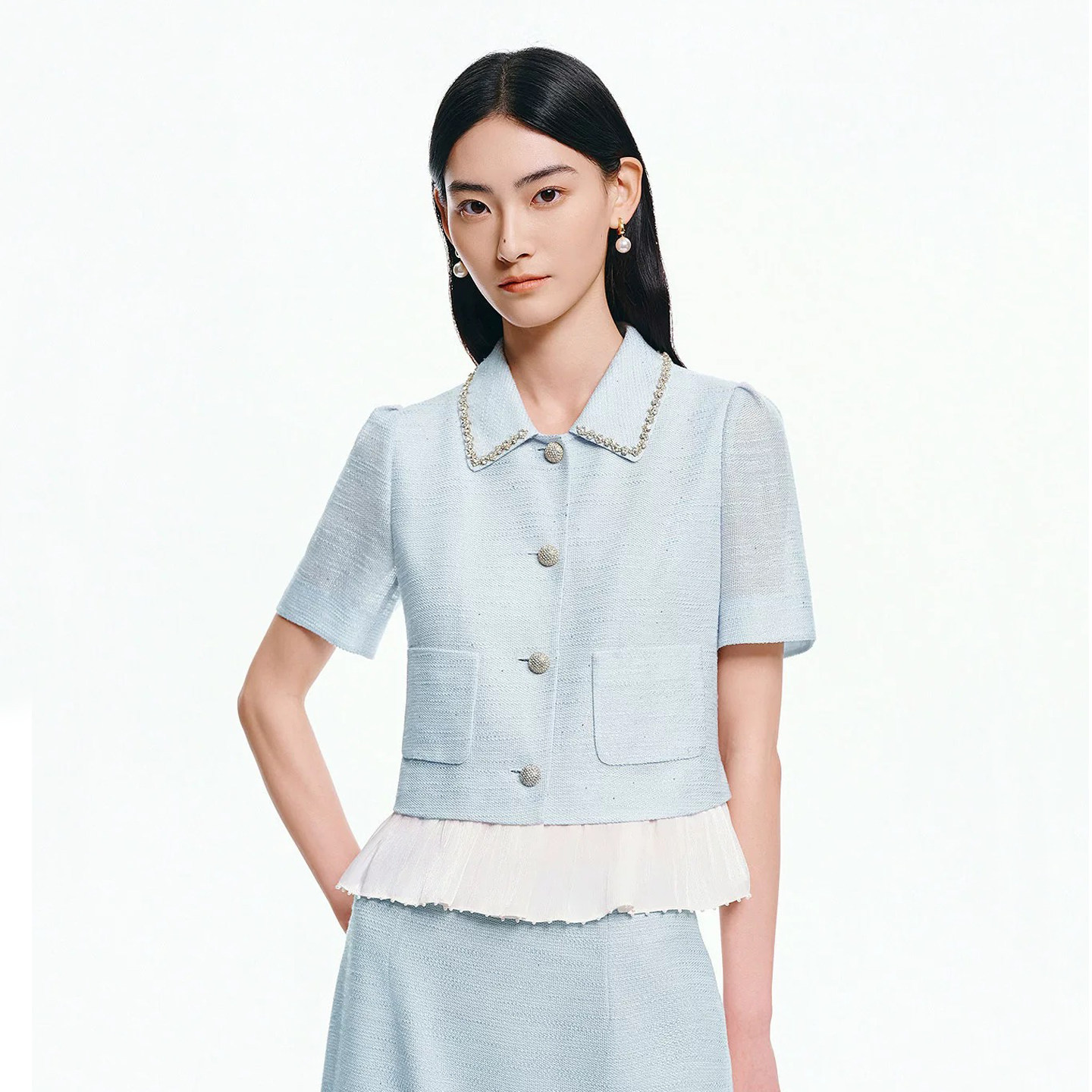 珂莱商场同款2026夏季新款女装优雅拼接透气钉珠香风短袖外套上衣