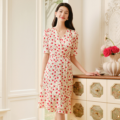 珂莱气质玫瑰印花真丝连衣裙