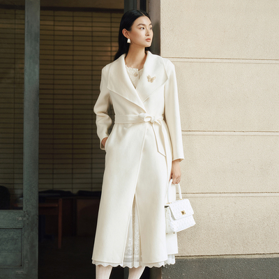 收腰系带中长款羊毛双面呢大衣