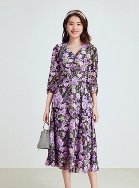 珂莱商场同款2026春夏季新款女装优雅V领玫瑰印花连衣裙KF11129R5