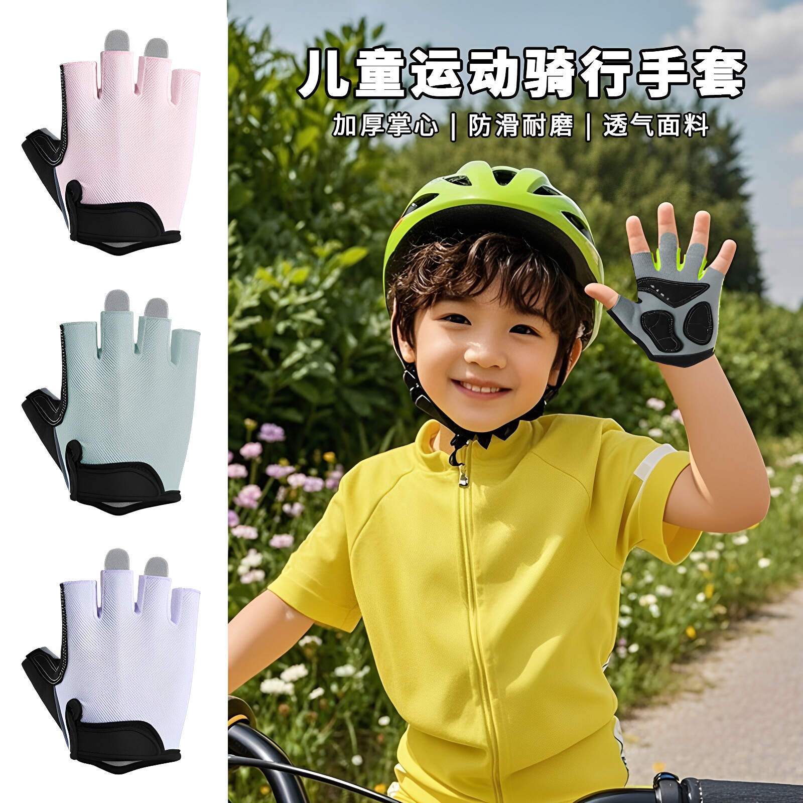 儿童骑行手套夏季鹿皮速干透气防滑耐磨自行车平衡车半指手套轮滑