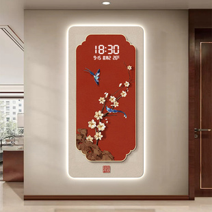 新中式花鸟入户玄关装饰画高档电子屏时钟挂画走廊过道壁画led灯