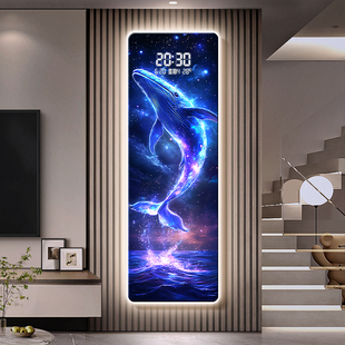 轻奢鲸鱼客厅万年历格栅装饰挂件海浪星空玄关智能插电子时钟挂墙
