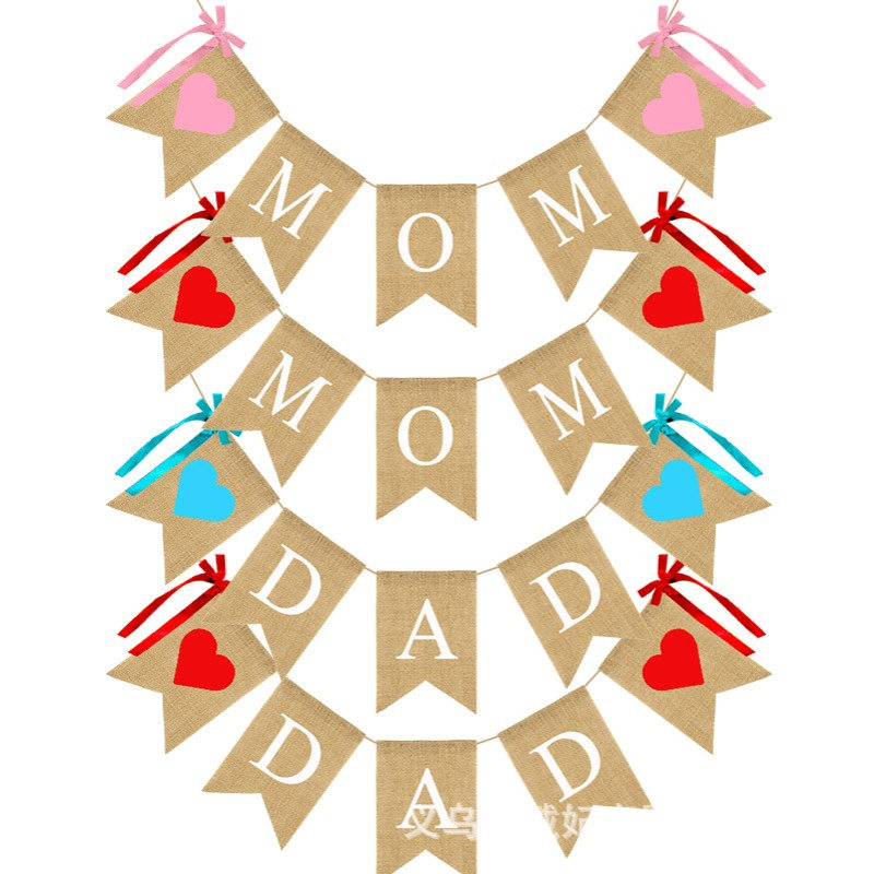 母亲节 父亲节装饰鱼尾旗 蝴蝶结爱心DAD串旗 MOM麻布燕尾拉旗