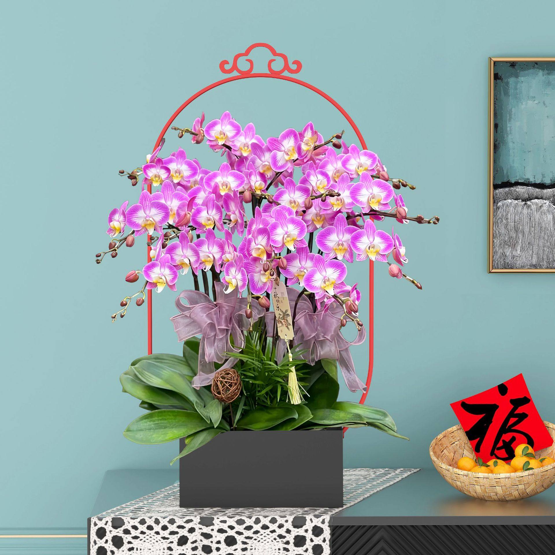 新中式蝴蝶兰花盆银柳冬青年宵花铁艺插花器花篮福桶客厅摆件批发