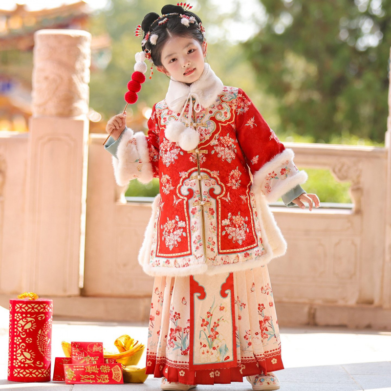 柏艺-汉服新款女童加厚冬季明制儿童中国中式马面古装格格套装唐