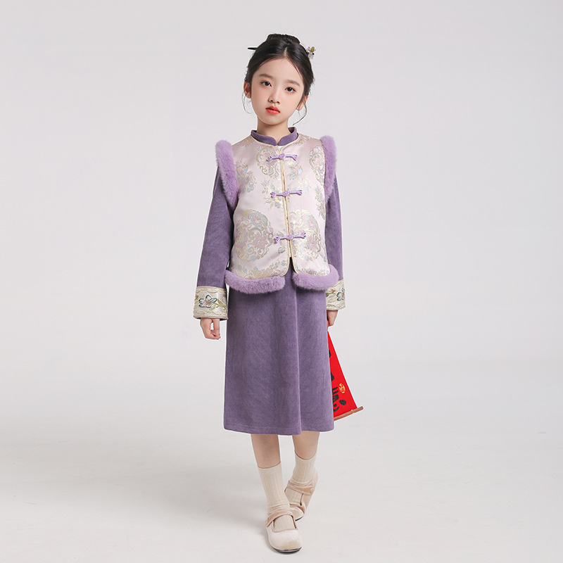 柏艺-女童拜年服国风汉服套装2025冬季新款儿童坎肩马甲连衣裙周