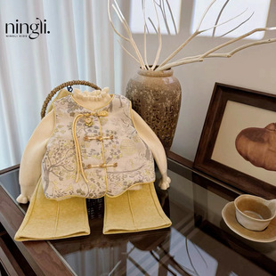 柏艺-女童秋冬季新款过年衣服黄色花朵新中式国风马甲时髦套装潮