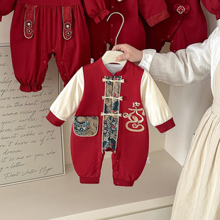 柏艺-婴儿新年装春秋衣服宝宝红色连体衣满月百天中国风薄款过年