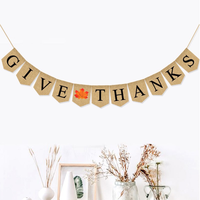厂家直供 感恩节派对装饰串旗GIVE枫叶THANKS麻布遁形拉旗
