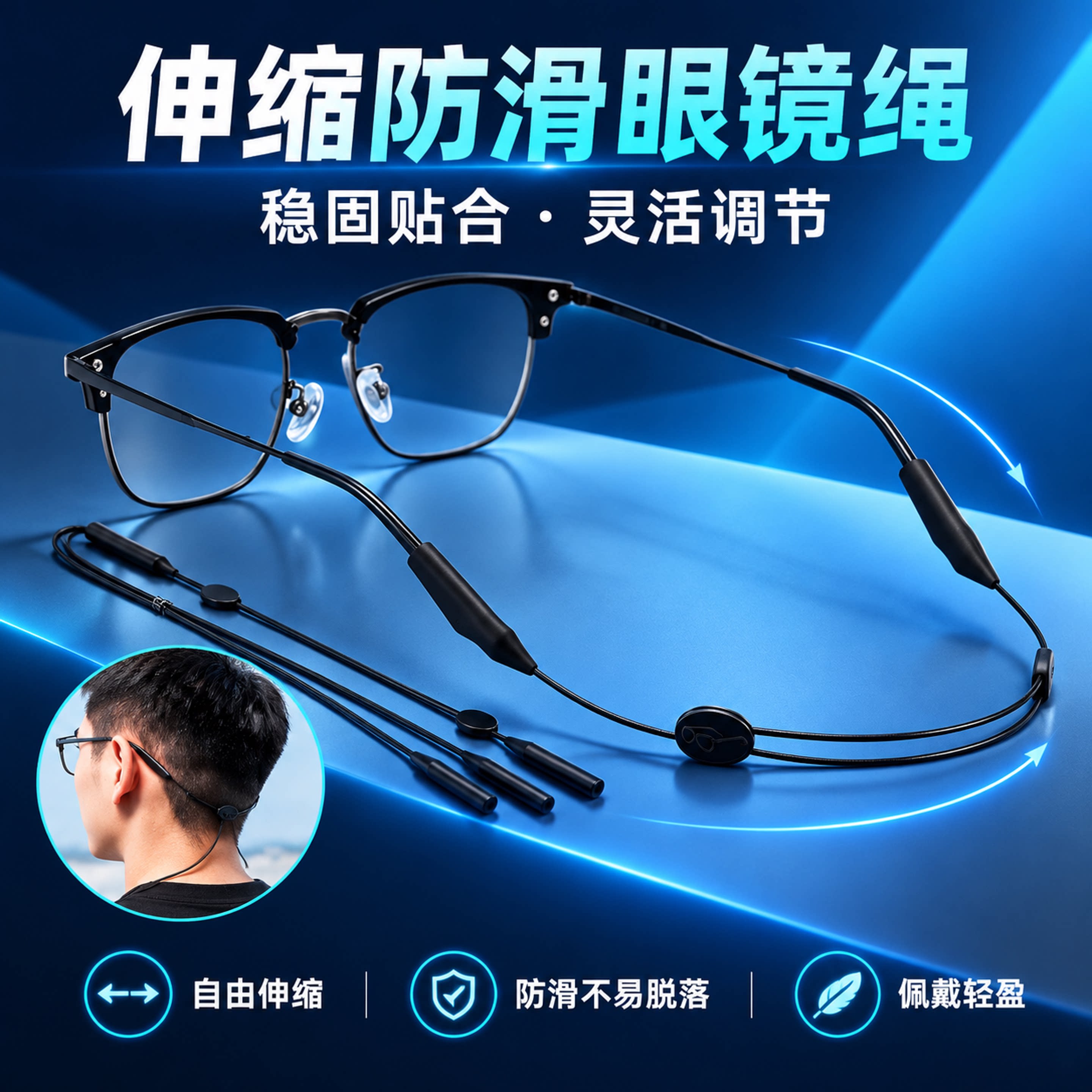 眼镜防滑固定可调节眼镜挂绳防脱落防丢挂绳打球户外运动防滑神器