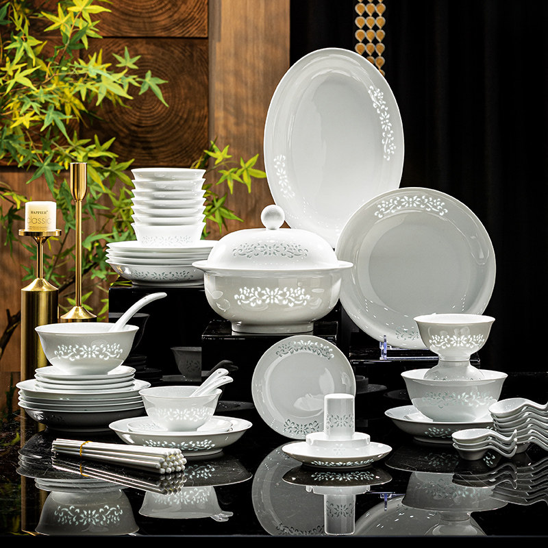 景德镇玲珑餐具高端釉下彩碗碟套装家用陶瓷碗盘组合乔迁送礼新款,餐饮具,餐具瓷器套装,淘宝优惠券,粉丝福利购,淘宝优惠卷