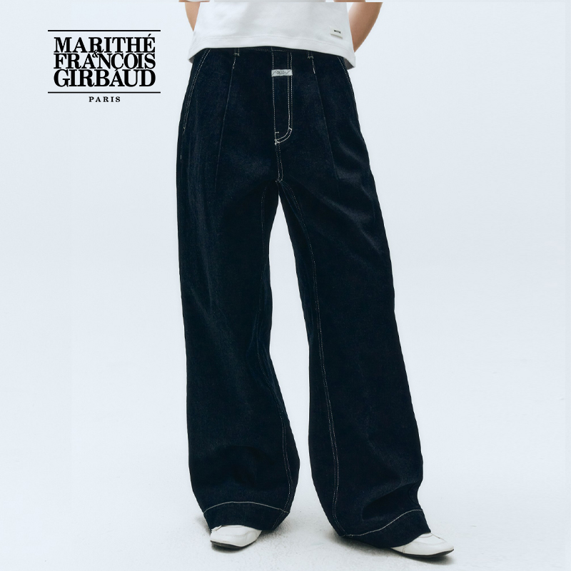 MARITHE女士低腰压褶阔腿牛仔裤