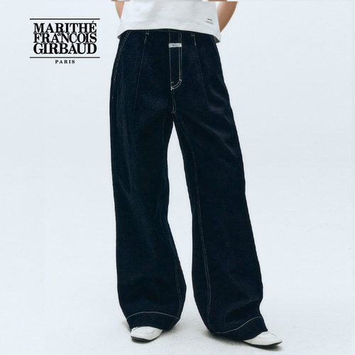 MARITHE女士低腰压褶阔腿牛仔裤