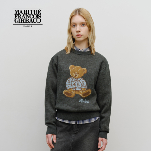 MARITHE涂鸦熊毛衣 复古简约休闲圆领上衣25年秋冬 情侣男女同款