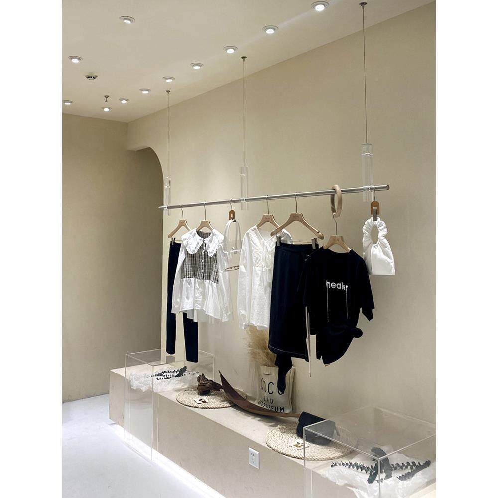 服装店道展示架亚克力不锈钢吊架顶挂衣钢丝挂衣杆橱架窗吊陈列具