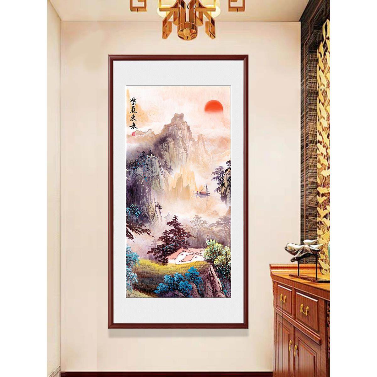 玄关装饰画紫气东来挂画过道走廊国画竖版靠山图入户可定制山水画