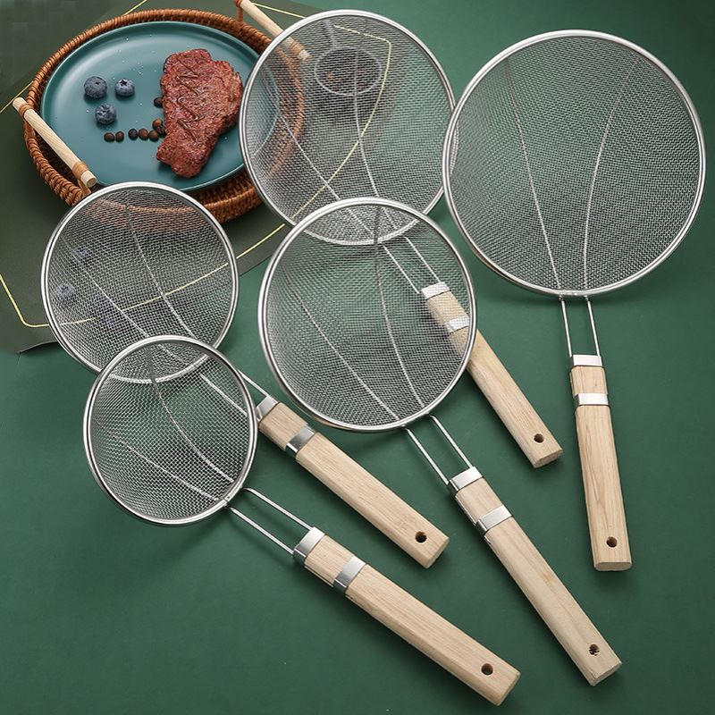 不锈钢线捞篱大漏勺钢丝篱炸篱木柄网漏粉篱面条捞油炸网捞漏长柄