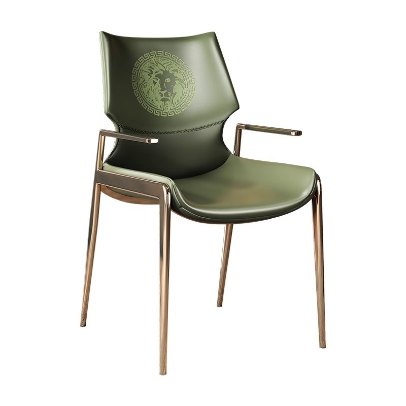 现代简约金属框架餐椅绿色皮艺靠背椅家用餐厅椅子马鞍皮不锈钢