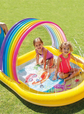厂家供应 儿童充气游泳池  家庭戏水池小兔潜水彩虹盖黄色喷水池