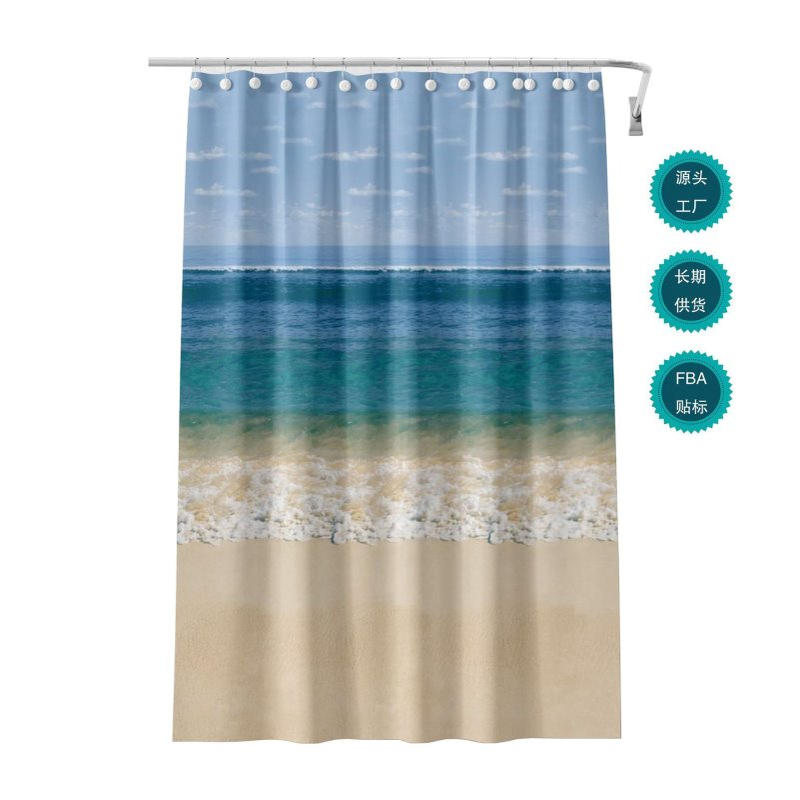 海洋海滩浴帘热带加勒比海海岸沙滩宁静大海和阳光在蓝天PEVA浴帘