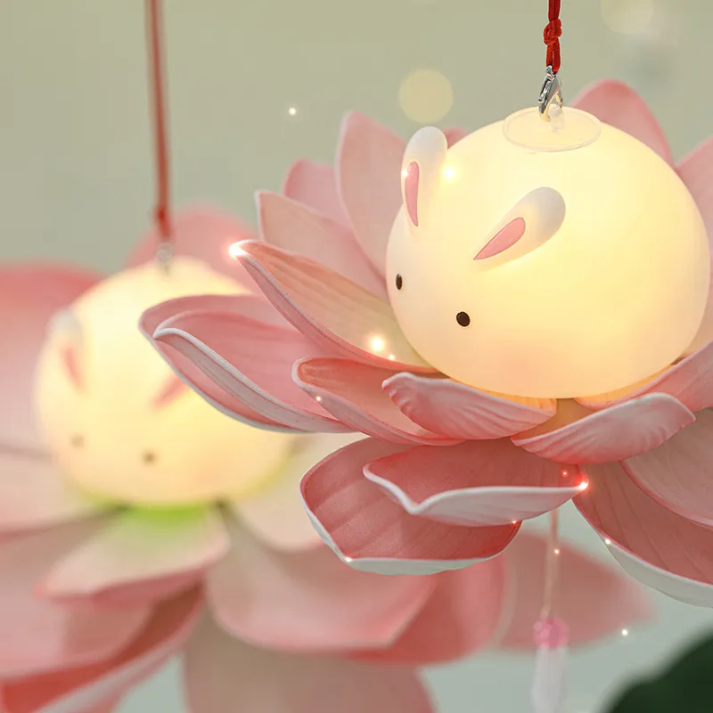 玉兔莲花灯中秋节手提兔子荷花灯笼diy材料儿童古风国潮花灯