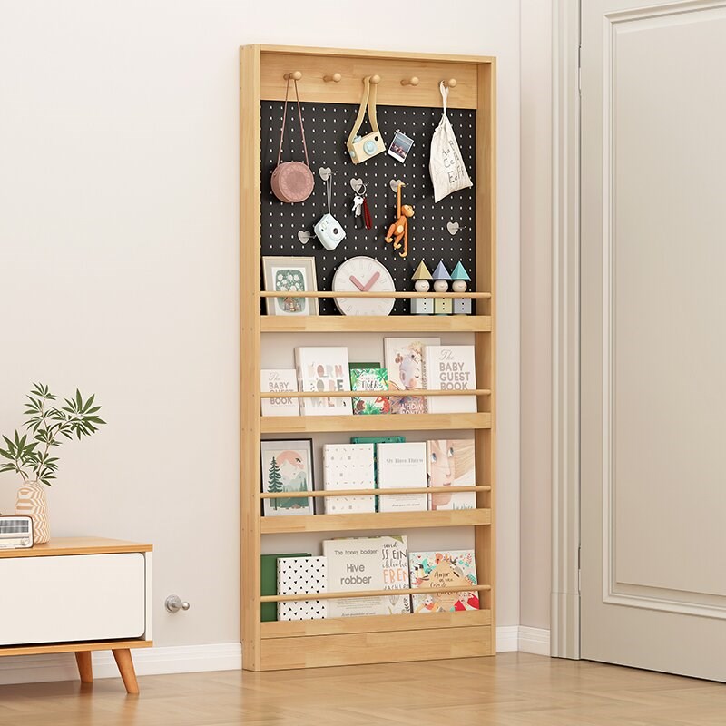 洞洞板门后置物架超薄实木儿童书架落地多层收纳架绘本架家用书柜