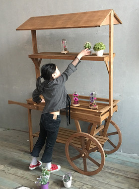 美式乡村复古实木大花架 手推车花房花车商业店铺橱窗花园置物架