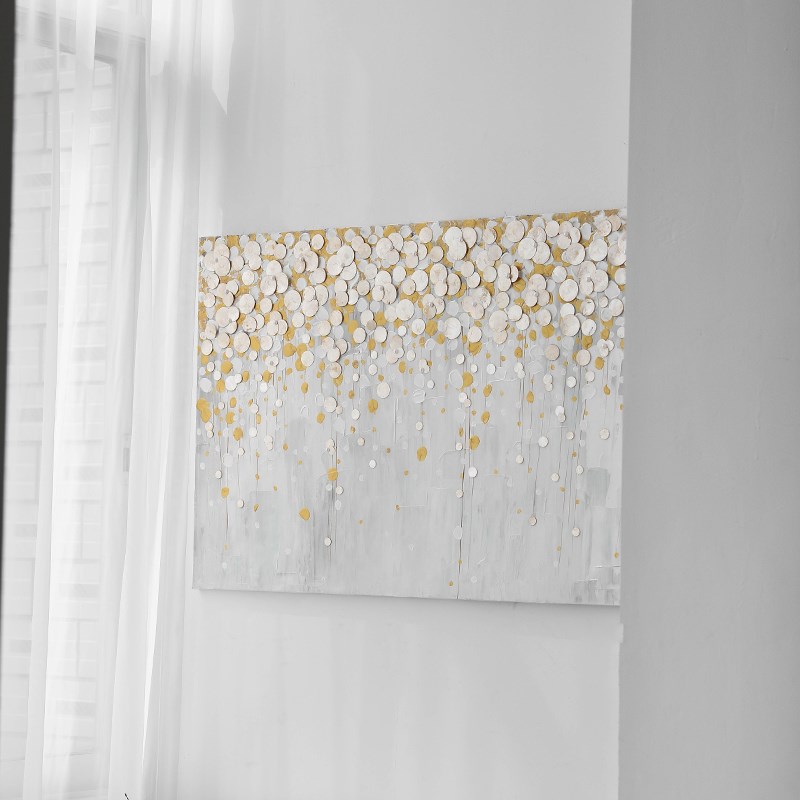 法式手绘花卉艺术风景油画轻奢金色贝壳装饰画卧室客餐厅横版挂画图片
