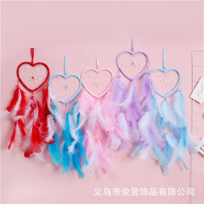 创意桃心捕梦网吊饰卧室房间室内小清新少女心羽毛装饰品挂饰批发