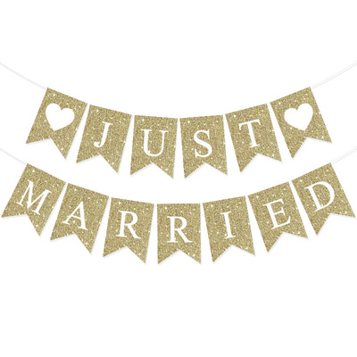JUST MARRIED玫瑰金香槟金白心布燕尾旗横幅装饰旗婚庆婚礼拉旗