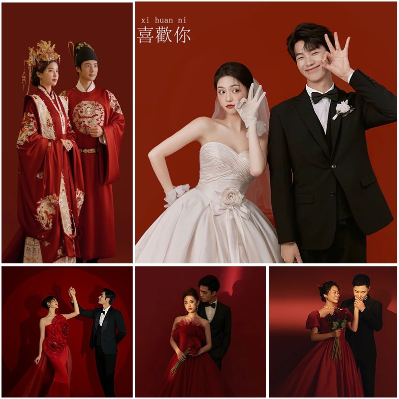 高级感红色背景布照相馆中式婚纱照摄影古风拍照直播新年喜庆背景纸