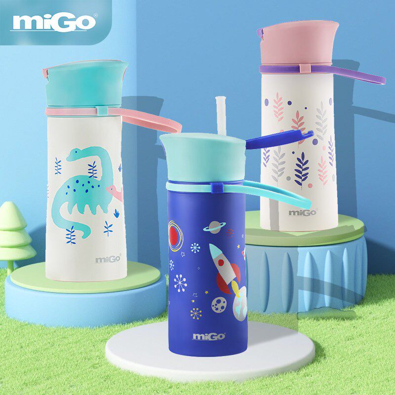 migo304不锈钢儿童带吸管保温杯可携式可爱卡通宝宝保冷水杯