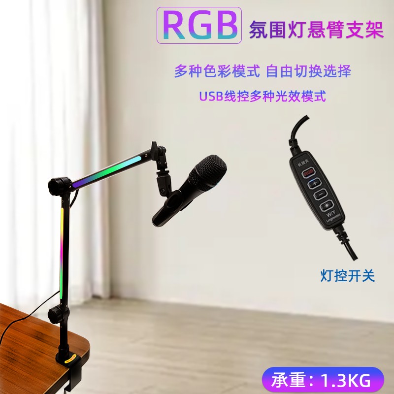 悬臂支架RGB全彩灯支架USB线控麦克风支架带灯防震架支架悬臂桌面